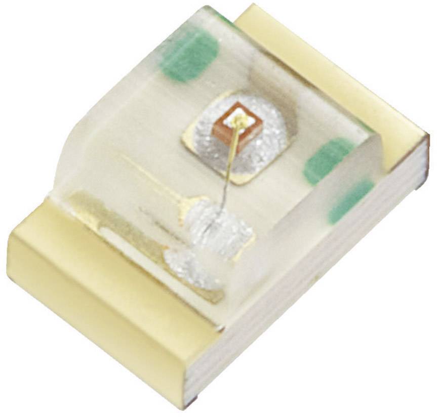 Malá LED dioda obdélníkového tvaru s průhledným pouzdrem na kovovém nosném prvku, často používaná v elektronických zařízeních.