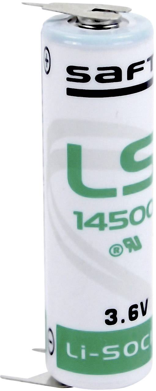 Bílá válcová baterie se zelenými značkami, nápisem 'LS 14500' a napětím '3,6 V'.