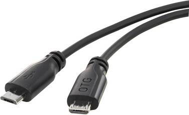 'Dva černé USB kabely, jeden s mikroUSB konektorem a druhý s nápisem On-The-Go (OTG), leží vedle sebe rovnoběžně.'
