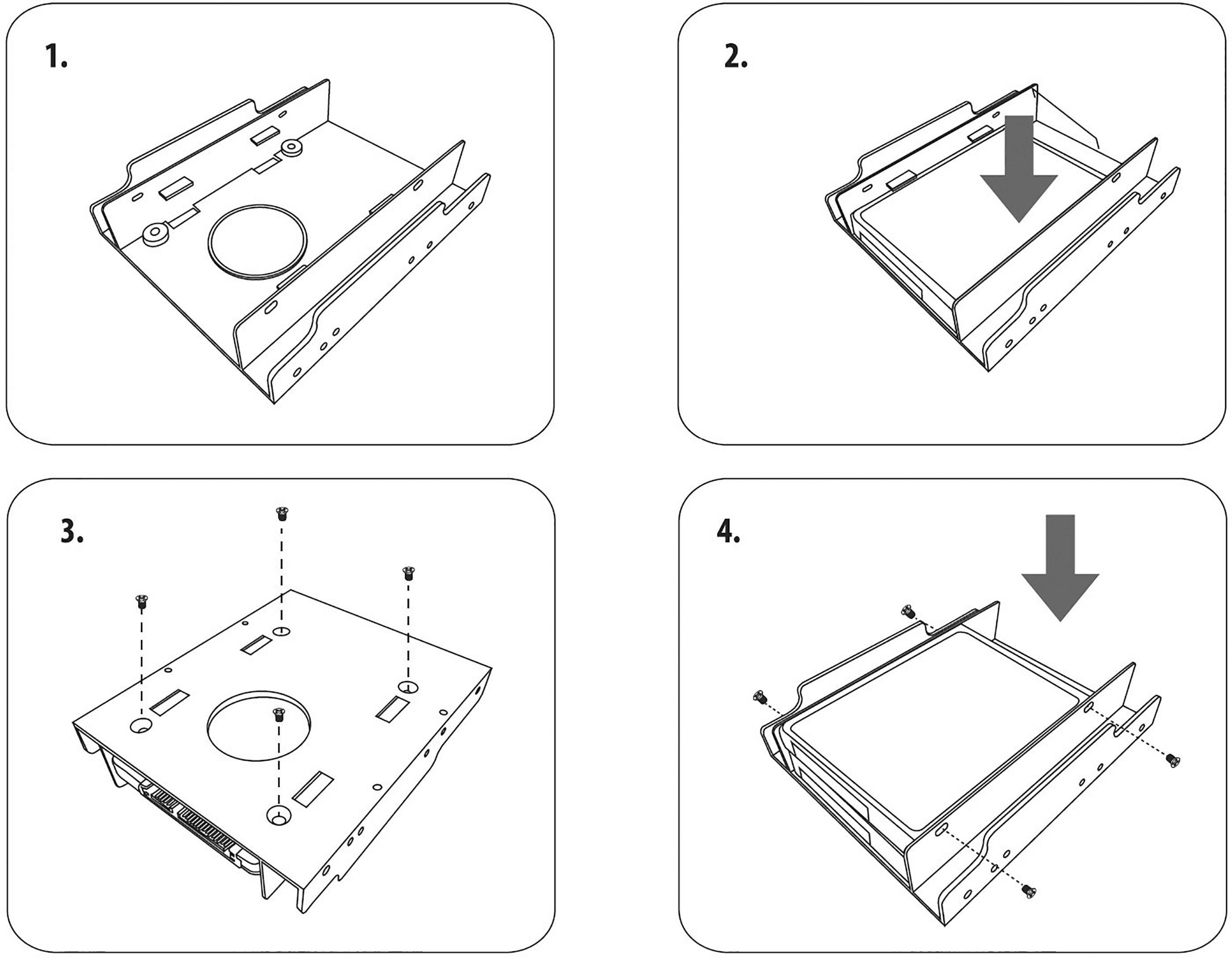 Návod na instalaci pevného disku: 1. Rámeček pro pevný disk. 2. Vložení pevného disku. 3. Utažení šroubů. 4. Uzavření rámečku.