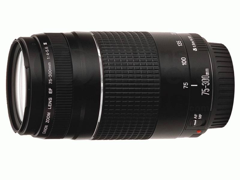 Černý telezoom objektiv s vyznačenými hodnotami ohniskových vzdáleností 75–300 mm. Má ovladače pro autofokus a manuální zaostřování.