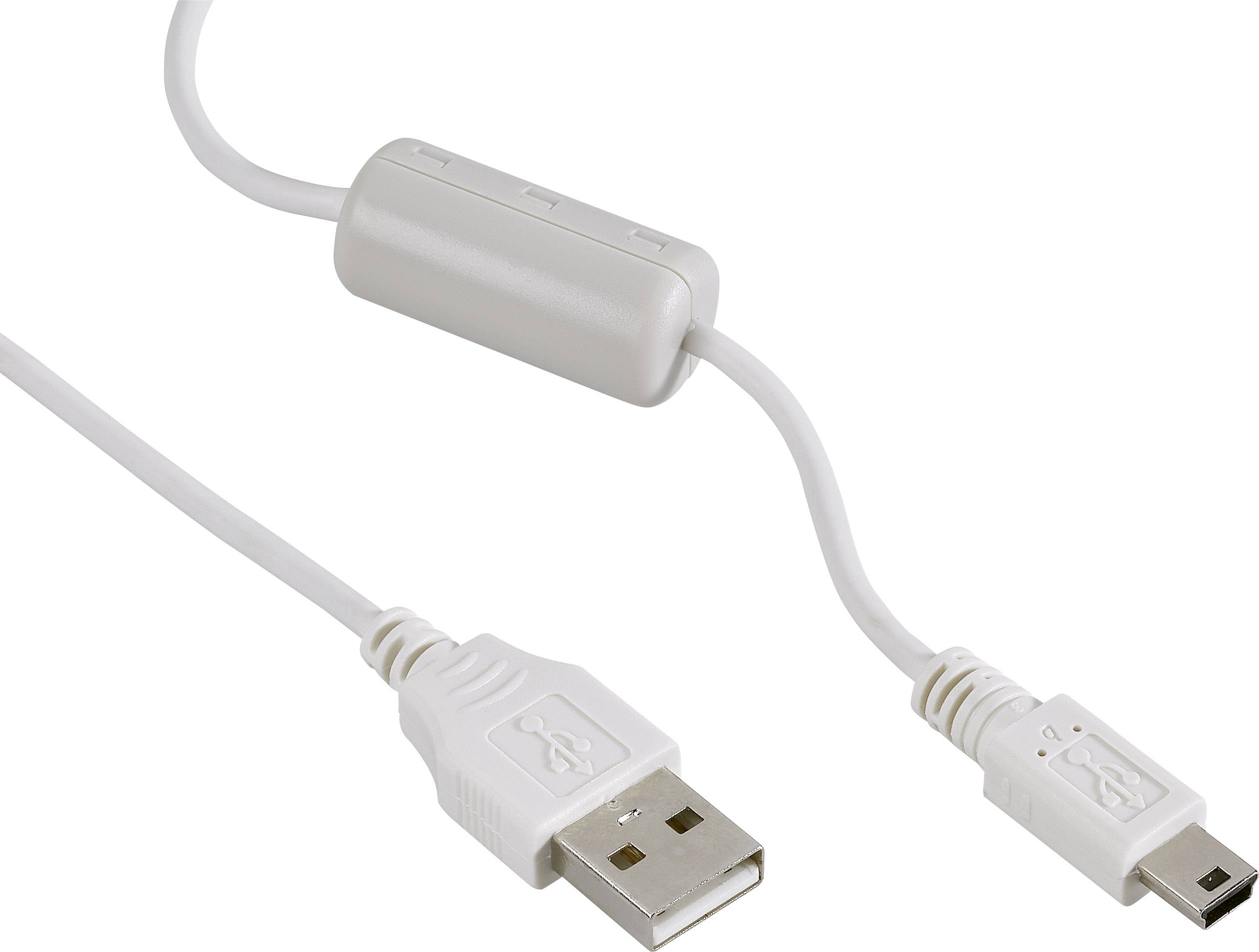 Bílý USB kabel se standardním USB konektorem na jedné straně a mini USB konektorem na straně druhé, vhodný pro přenos dat.
