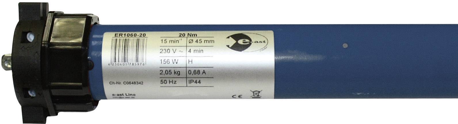 Modrý trubkový motor s etiketou. Technické údaje: 250 V, 145 W, 2,05 kg, stupeň krytí IP44. Logo výrobce a označení CE viditelné.