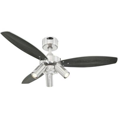 Stropní ventilátor se třemi tmavými listy a dvěma integrovanými světly v moderním kovovém provedení.
