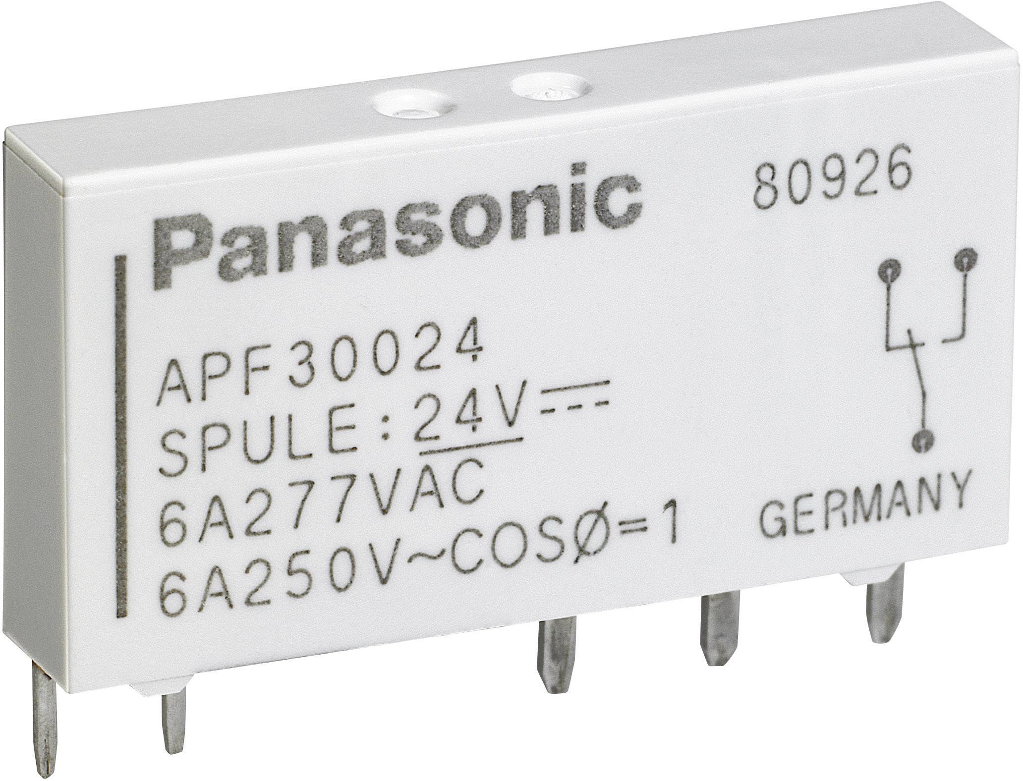 Bílé elektrické relé značky Panasonic, technické specifikace: cívka 24V, 6A 277VAC, 6A 250V~COSØ=1, vyrobeno v Německu.