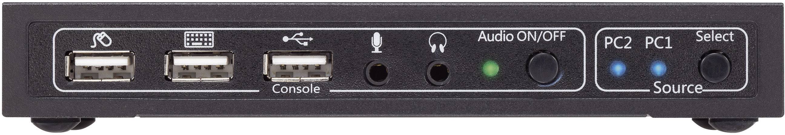 Přední strana KVM přepínače se dvěma USB porty, mikrofonním vstupem, konektorem pro sluchátka a výběrovými tlačítky pro PC1 a PC2.