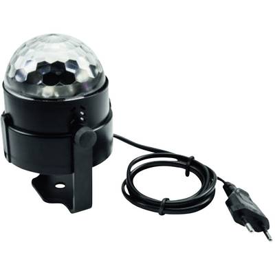 Malá, kulovitá stroboskopická lampa s černým krytem a síťovou zástrčkou, vhodná pro diskotékové nebo párty osvětlení.