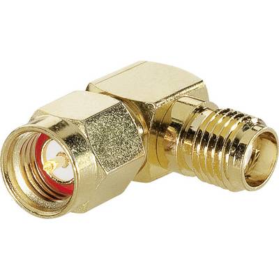 Zlatý pravoúhlý adaptér, pravděpodobně pro koaxiální kabel, s hladkým a vroubkovaným povrchem, určený k propojování elektronických zařízení.