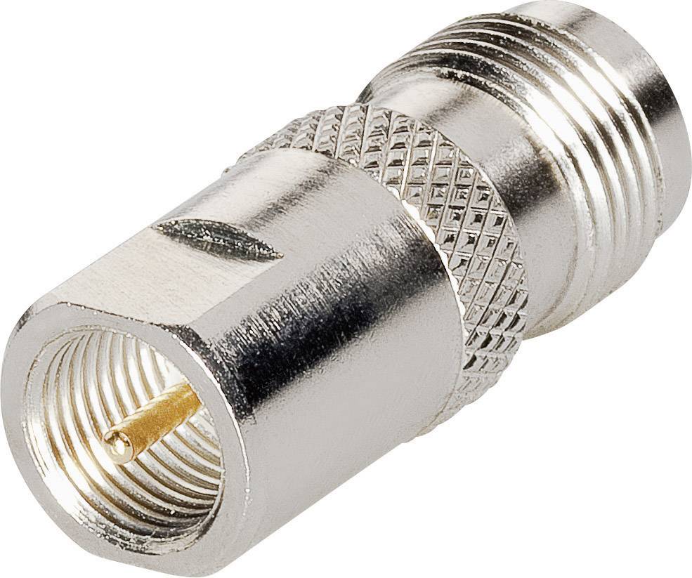 Adaptér pro koaxiální kabel, kovový, se šroubovým závitem a centrálním kolíkovým konektorem, určený pro propojení kabelů v audio a video systémech.