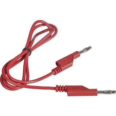 Červený měřicí kabel se dvěma banánkovými konektory, používaný pro elektrická měření k propojení zařízení v elektrickém obvodu.