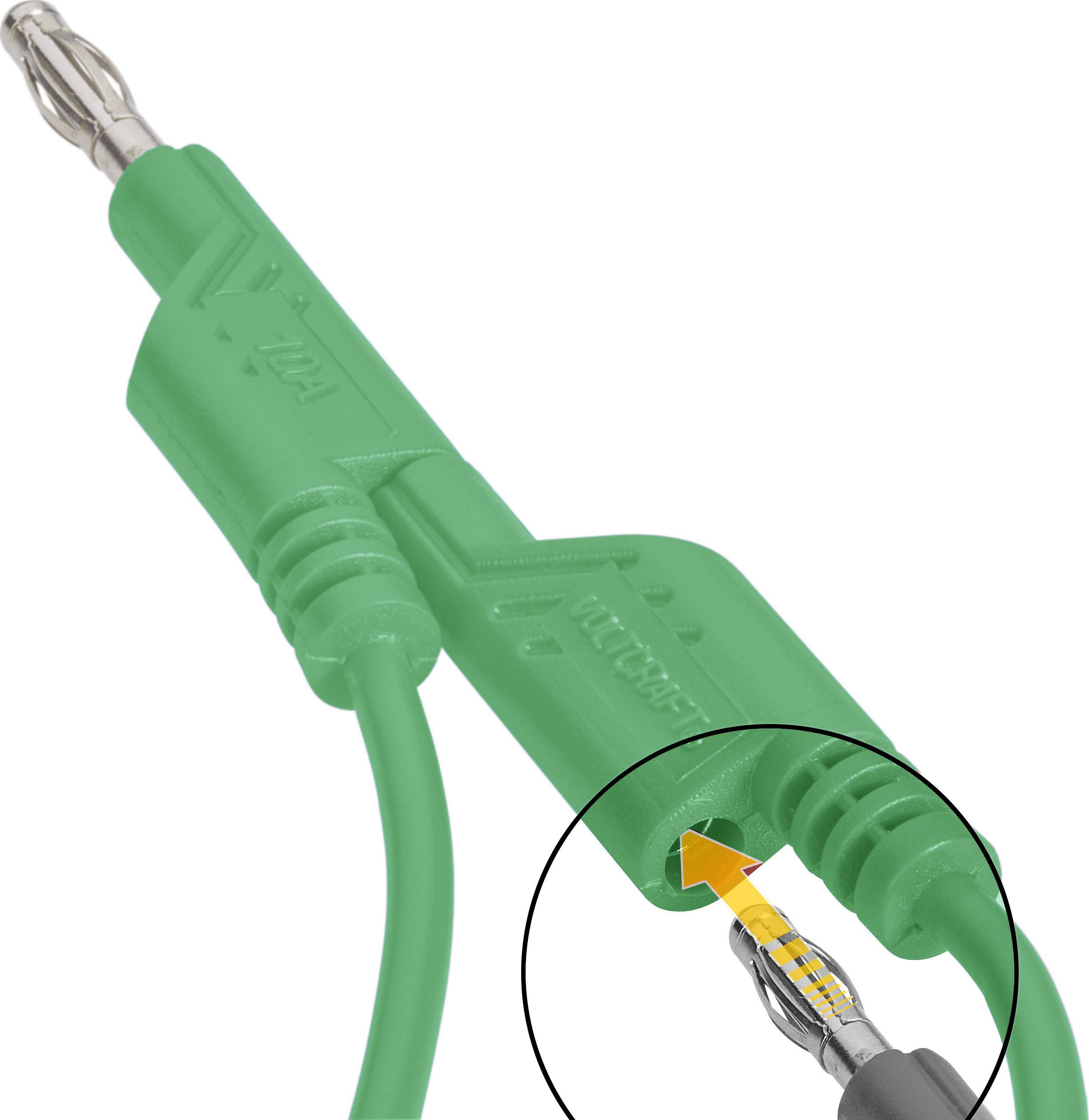 Zelený kabel se speciálními konektory. Detail zvětšeného výřezu ukazuje mechanickou strukturu do detailu.