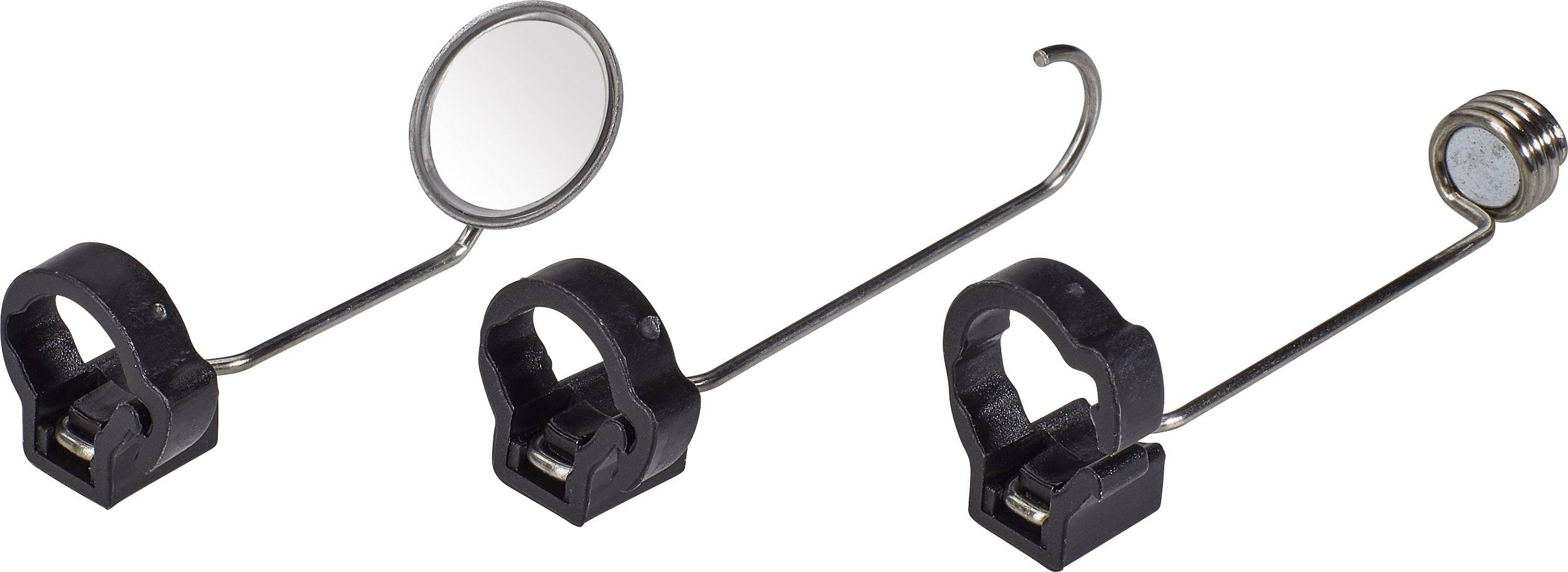 Tři černé držáky s dlouhými kovovými rameny, každý opatřený zrcadlem, háčkem a magnetem na konci. Vhodné pro upevnění nářadí.
