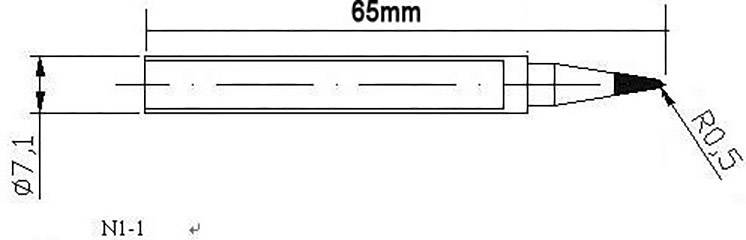 Technický výkres válcového objektu s rozměry: délka 65 mm, průměr 7,1 mm, detail špičky s poloměrem R0,5.