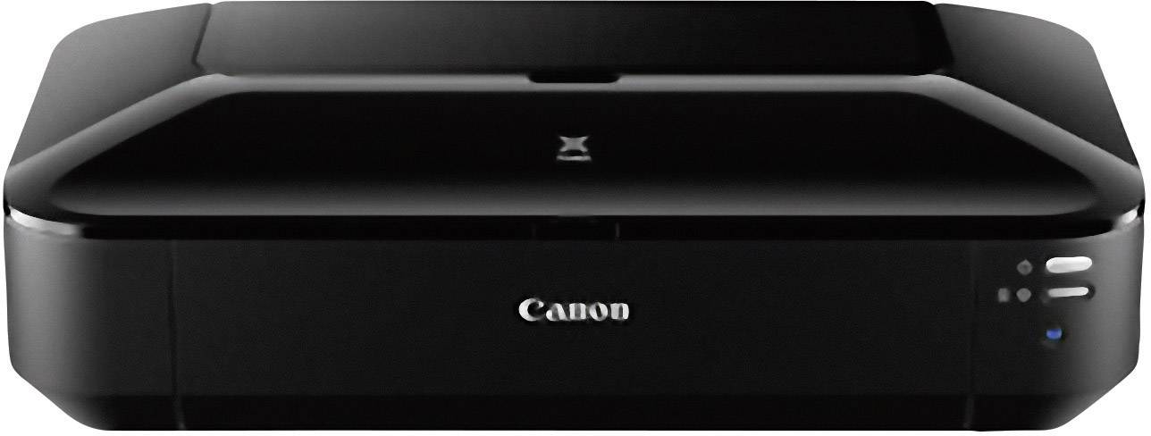 Černá tiskárna značky Canon, zobrazená z čelního pohledu.