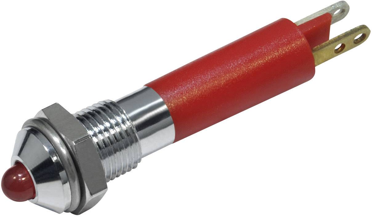 Červený válcovitý tlačný knoflík s kovovým závitem a dvěma elektrickými přípojkami na konci.