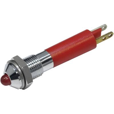 Červený válcovitý tlačný knoflík s kovovým závitem a dvěma elektrickými přípojkami na konci.