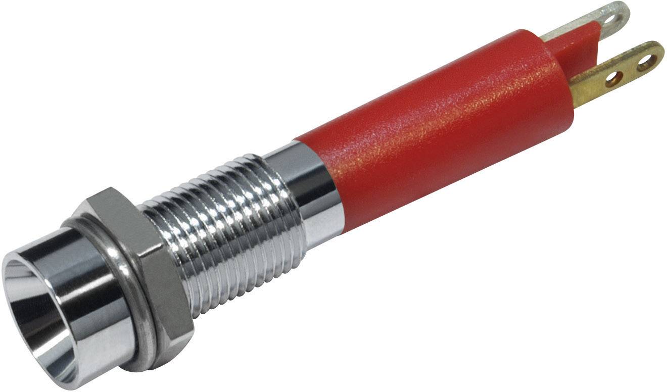 Červená LED indikace se závitovou základnou a dvěma kovovými přípojkami pro elektrické zapojení.