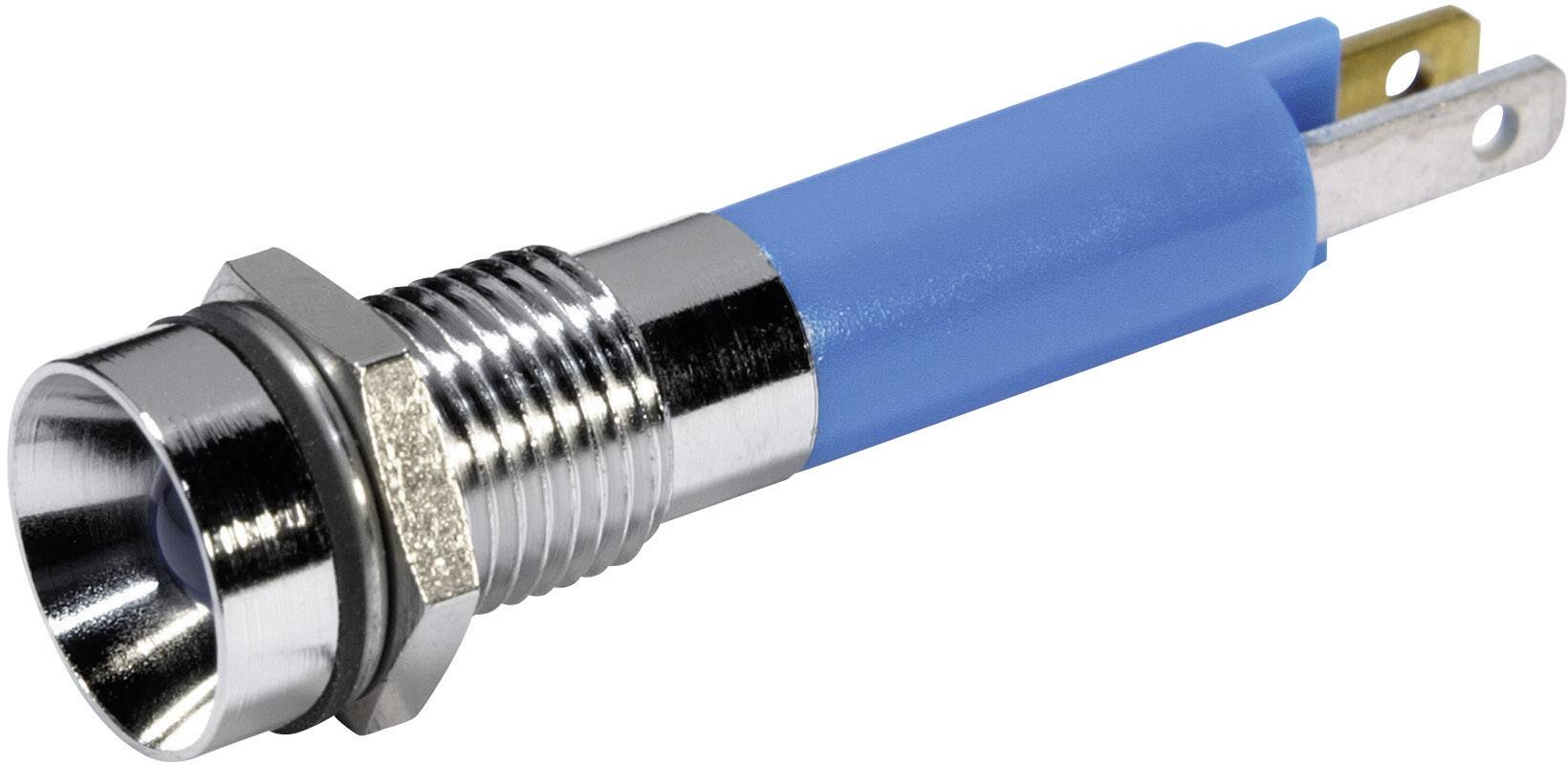 Modrá, kovová elektrická komponenta se závitem a připojovacími kontakty, pravděpodobně světelné nebo signalizační zařízení.