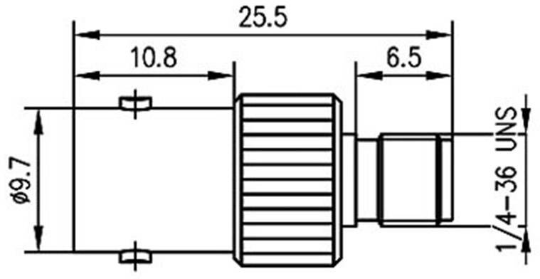 Technický výkres zástrčky s rozměry: celková délka 25,5 mm, ø 9,7 mm. Popis 1/4-36 UNS, dílčí rozměry 10,8 mm a 6,5 mm.