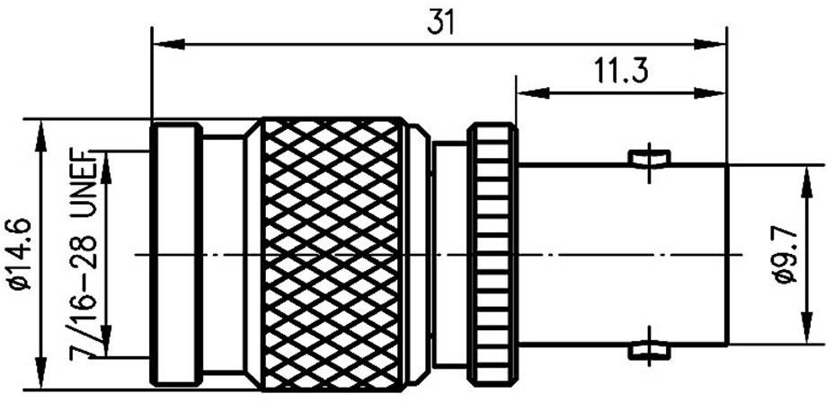 Technický výkres konektoru s rozměry: délka 31 mm, vnější průměr 14,6 mm, vnitřní průměr 9,7 mm, závit 7/16-28 UNEF.