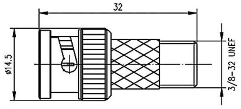 Technický výkres konektoru s rozměry: celková délka 32 mm, průměr 14,5 mm, závit '3/8-32 UNEF'.