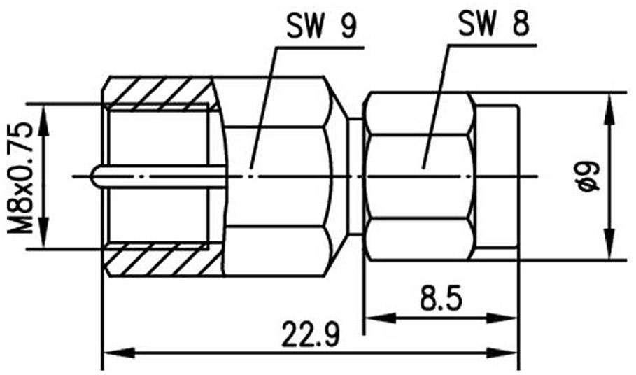 Technický výkres šroubového spoje s vyznačenými rozměry: délka 22,9 mm, průměr 9 mm, závit M8x0,75, klíč SW 9 a SW 8.