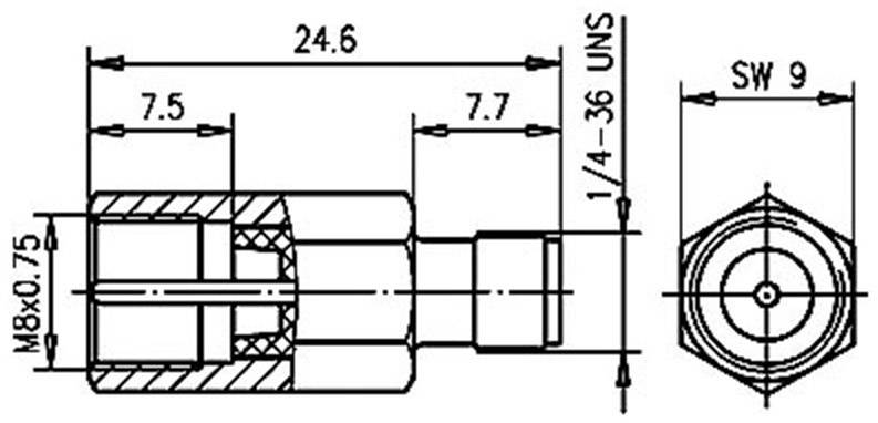 Technický výkres mechanické součásti s rozměry. Hlavní rozměry: délka 24,6 mm, průměr M8x0,75, klíč SW 9, závit 1/4-36 UNS.