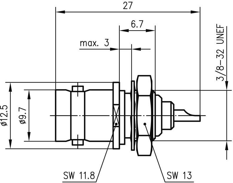 Technický výkres konektoru s rozměry: délka 27 mm, průměr 12,5 mm, maximální hloubka 3 mm. Závit 3/8-32 UNEF.