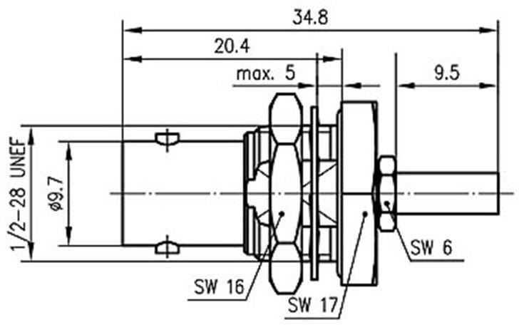 Technický výkres strojní součásti s rozměry v milimetrech: celková délka 34,8 mm, šířka 20,4 mm, rozpětí klíče SW 16 a SW 17.