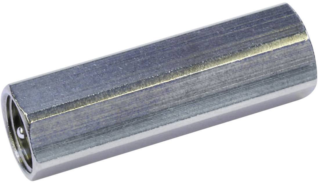 Šestihranný kovový adaptér pro mechanické spoje, stříbrné barvy, přibližně šest centimetrů dlouhý.