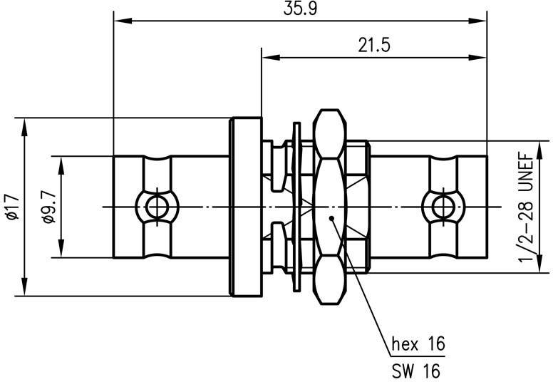 Technický výkres válcové součástky s rozměry. Hlavní průměr 17 mm, délka 35,9 mm, boční šrouby a matice.
