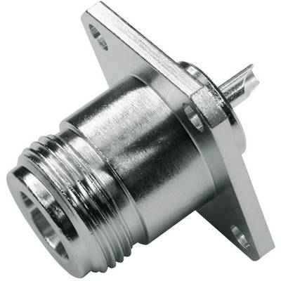 Kovový konektor s čtvercovou přírubou a závitem, vhodný pro elektronická zařízení nebo kabelové spoje.