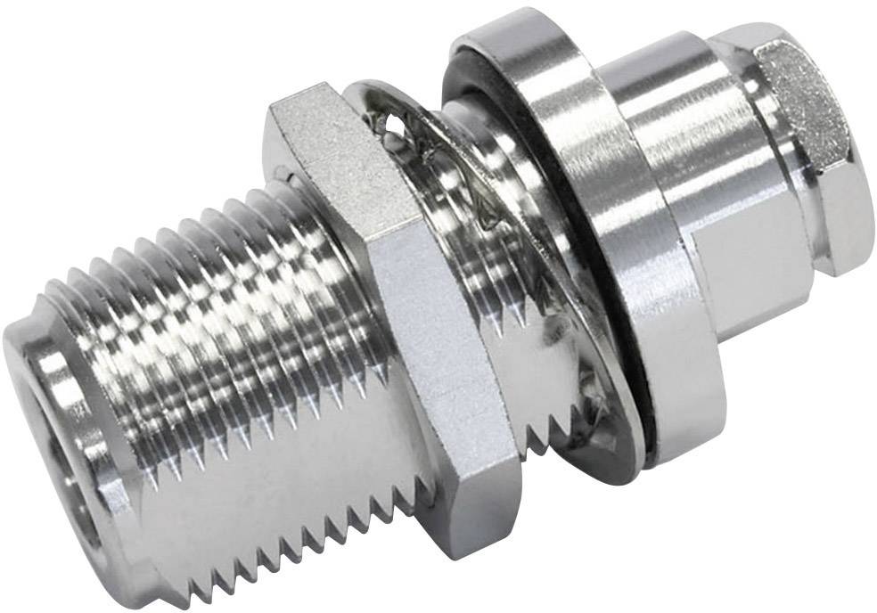 Stříbrný, kovový F-konektor adaptér, primárně používaný pro koaxiální kabelové spoje v televizních a satelitních systémech.