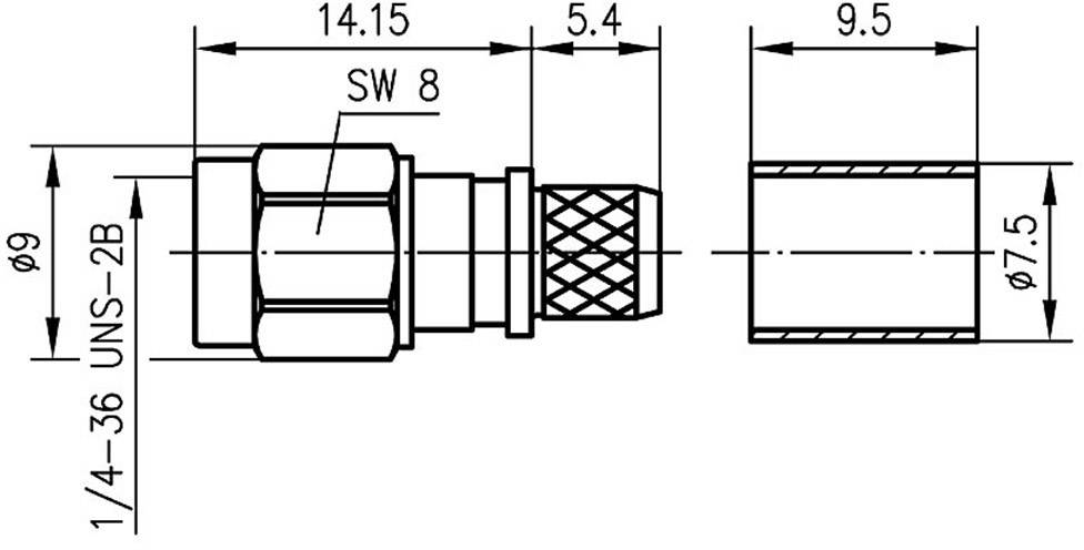 Technický výkres konektoru s rozměry: délka 14,15 mm, šířka 9 mm. Závit 1/4-36 UNS-2B, šířka klíče 8 mm.