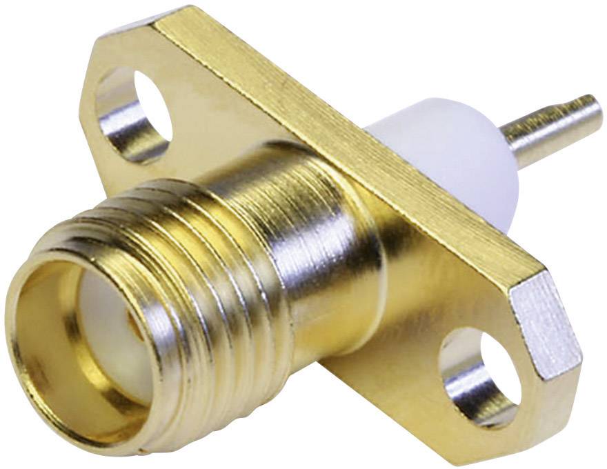 Zlatý koaxiální RF konektor s technickým závitem, zobrazený v detailním záběru.