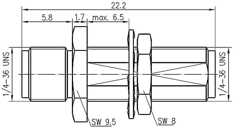 Technický výkres upevňovacího prvku s rozměry: celková délka 22,2 mm, závit 1/4-36 UNS, šířka klíče 9,5 mm a 8 mm.
