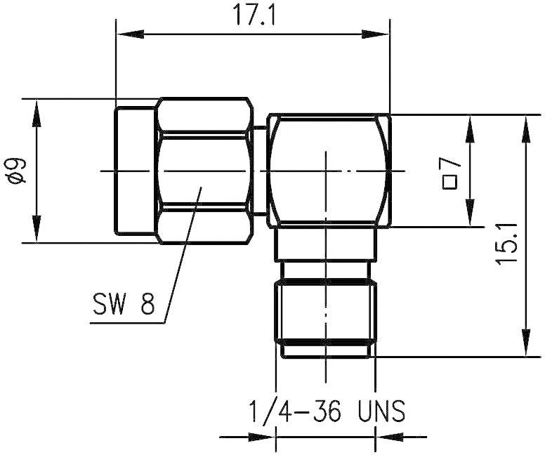Technický výkres potrubní spojky s délkou 17,1 mm, klíčový rozměr SW 8, průměr 9 mm. Označena jako 1/4–36 UNS.