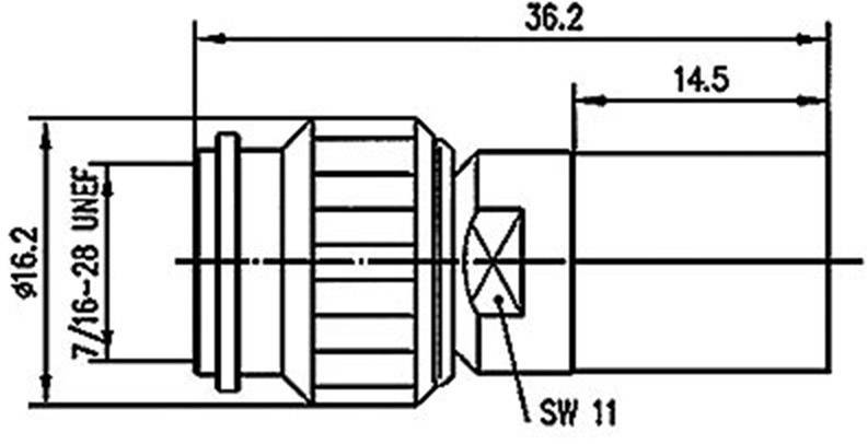 Technický výkres válce s rozměry: délka 36,2 mm, průměr 16,2 mm, závit 7/16-28 UNEF, SW 11.