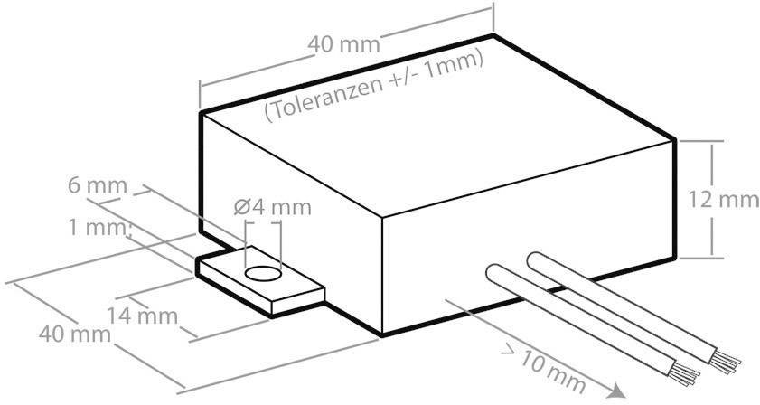 Technický výkres obdélníkové součástky s rozměry: 40 mm x 40 mm x 12 mm, tolerance +/- 1 mm, včetně připojovacích vodičů.