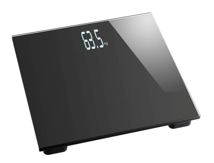 Digitální váha s lesklým povrchem ukazuje '68,5 kg'.