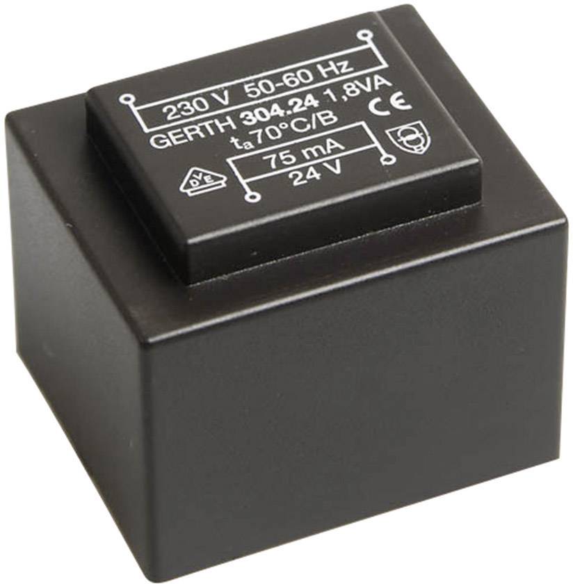 Černý transformátor, nápis '230 V 50-60 Hz, GERTH 304.24 1.8VA, 75 mA 24 V'. Obdélníkový tvar, technické specifikace nahoře.