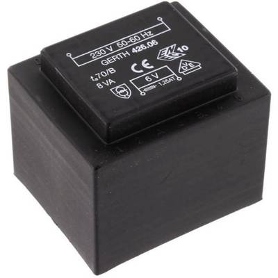 Černý transformátor s popiskem zobrazuje technické specifikace jako '230 V 50-60 Hz', modelové číslo 'GERTH 426.06' a '8 VA'.