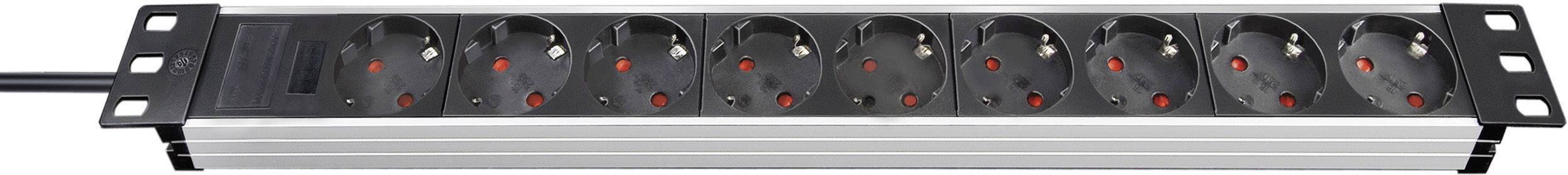 Černá napájecí lišta s deseti zásuvkami, vhodná pro montáž, upevňovací otvory vlevo a vpravo, dodatečné USB nabíjecí porty.