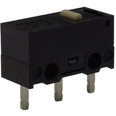 Černý mikrospínač se třemi kovovými připojovacími kolíky a stlačenou páčkou, vhodný pro elektronické aplikace.