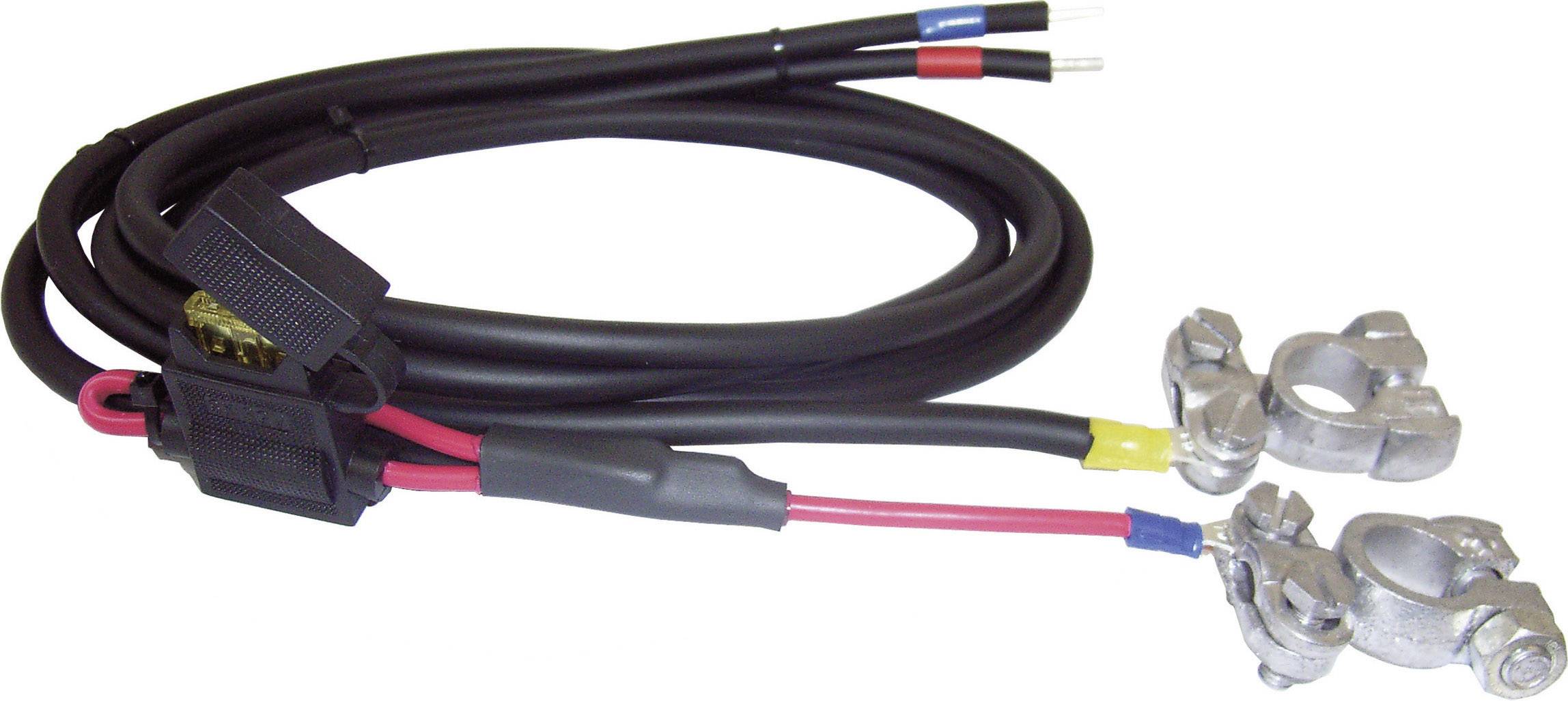 Černý kabel baterie se dvěma pólovými svorkami a držákem pojistky, vhodný pro připojení k autobateriím pro napájení elektrických zařízení.