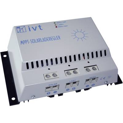 Solární nabíjecí regulátor s technologií MPPT, LED indikátory pro aktivitu a napájení, konektory pro solární panel, zátěž a baterii.
