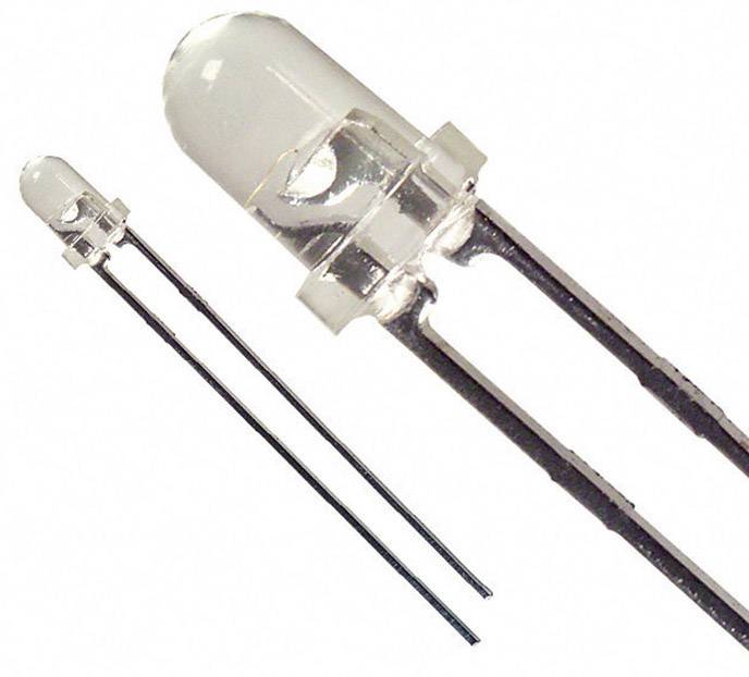 Dvě bílé LED lampy s kovovými připojovacími vodiči, které se používají pro elektronické obvody.
