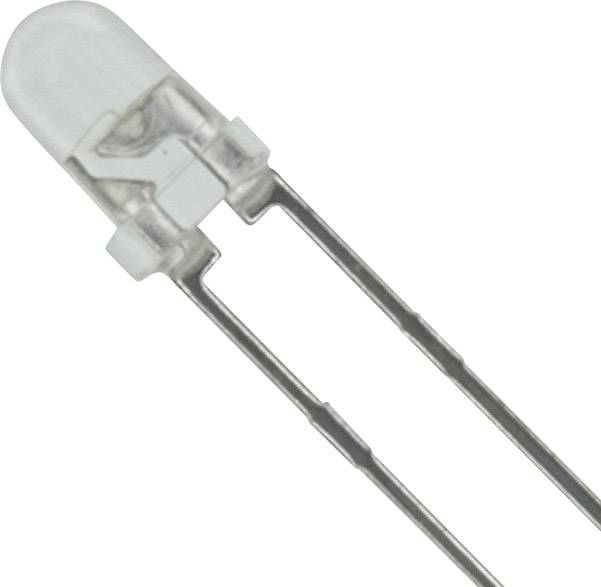 Jedna bílá LED se dvěma kovovými nožkami sloužícími k upevnění nebo elektrickému propojení.
