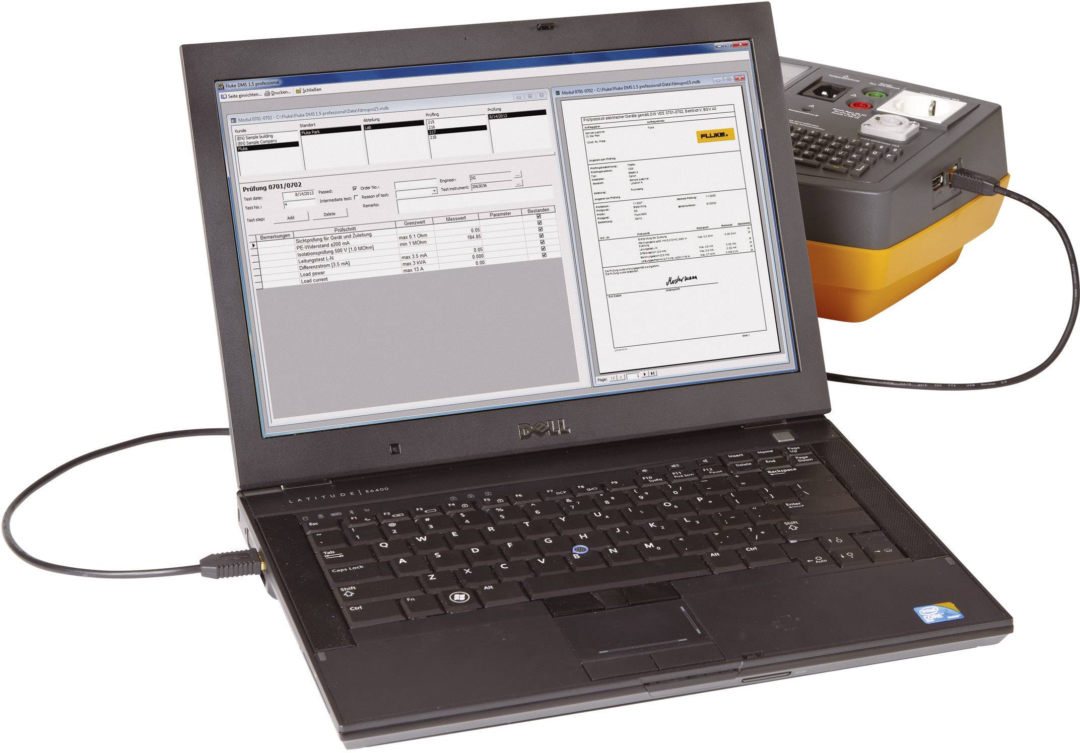 Notebook s otevřeným softwarem pro dokumentaci naměřených hodnot, propojený s měřicím zařízením. Hlavní okno zobrazuje data a grafy.