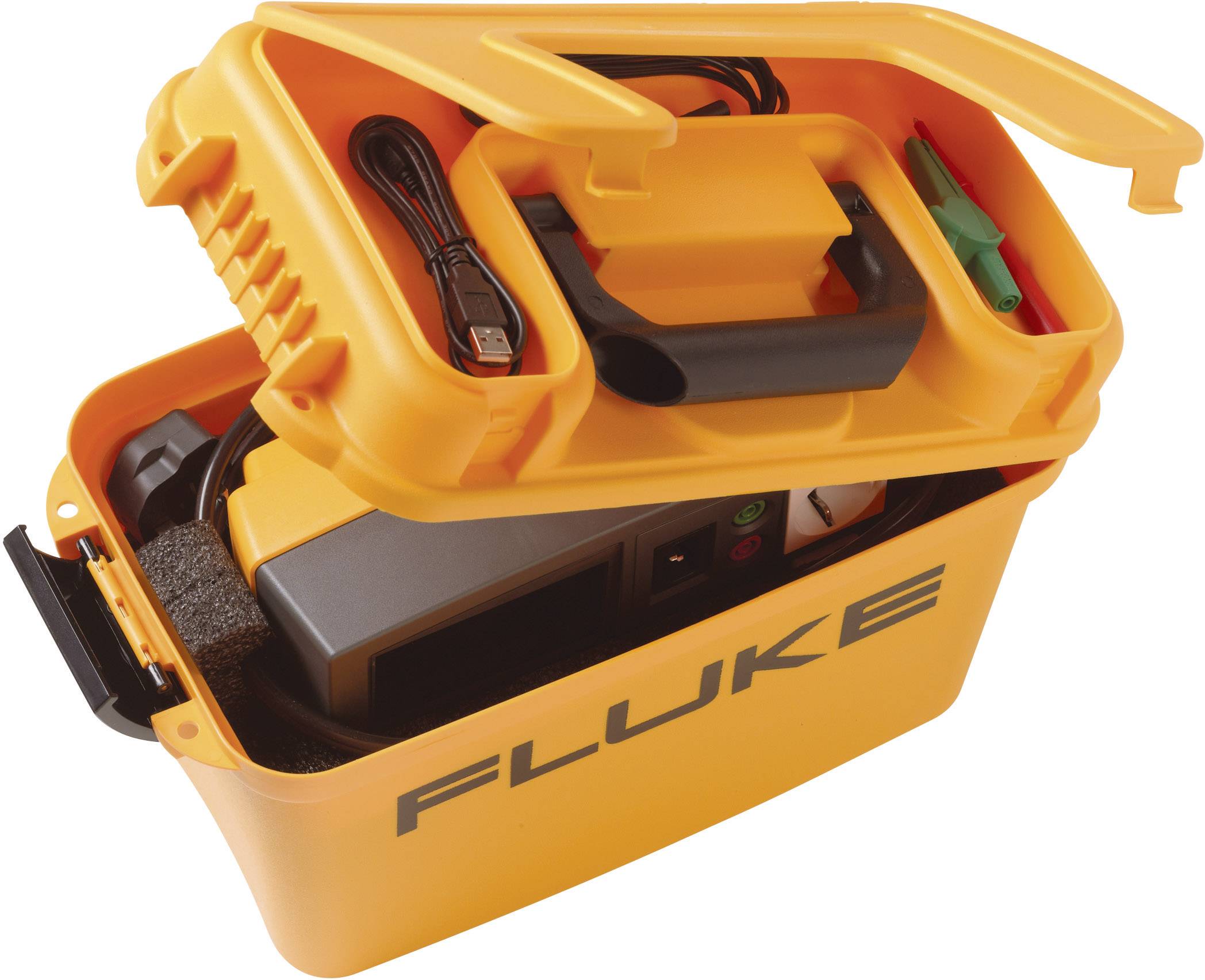 Oranžový kufřík s nápisem 'Fluke'. Otevřený, zobrazuje kabely a přístroj. Používá se pro elektrická měření.